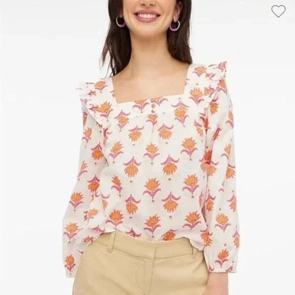 J. Crew Floral Women's Top - 100% Cotton in a White , Pink and Orange Floral